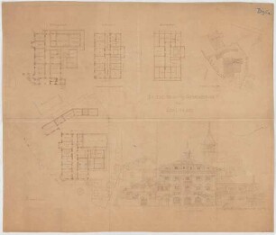 Thiersch, August ; Schliersee (Bayern); Rathaus und Gemeindehaus - Gemeindehaus (Lageplan, Grundriss, Grundriss UG, Grundriss 1. OG, Grundriss DG, Ansicht)