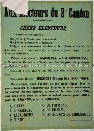 Französisches Plakat an die Wähler des 2. Verwaltungsbezirkes