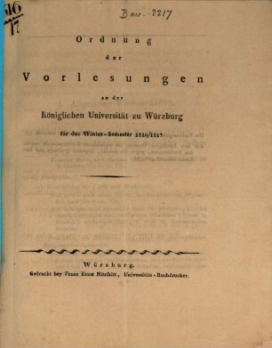 Ordnung der Vorlesungen an der Königlichen Universität Würzburg. 1816/17, 1816/17. WS.