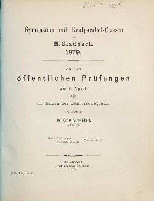 Zu den öffentlichen Prüfungen ... ladet im Namen des Lehrercollegiums ergebenst ein. 1878/79