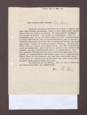 Schreiben von Prinz Max von Baden an Hermann Oncken; Dank für die Mitarbeit an der Publikation "Erinnerungen und Dokumente"