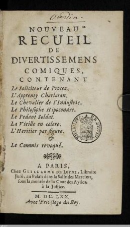 Titelblatt "Nouveau Recueil de Divertissemens comiques"