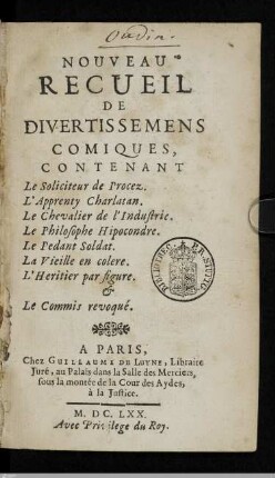 Titelblatt "Nouveau Recueil de Divertissemens comiques"