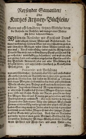 Reysender Samariter/ Oder Kurtzes Artzney- Büchlein/ ...