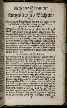 Reysender Samariter/ Oder Kurtzes Artzney- Büchlein/ ...