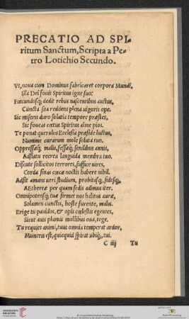 Precatio ad spiritum sanctum, scripta a Petro Lotichio Secundo