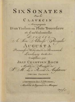 Six sonates pour le clavecin accompagnées d'un violon ou flûte traversière et d'un violoncelle : oeuvre second