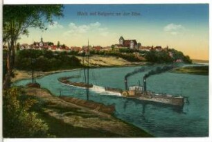 Belgern. Blick auf Belgern-Elbe mit Schleppzug