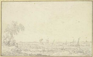 Landschaft mit Windmühlen und einem Fluss mit Schiffen
