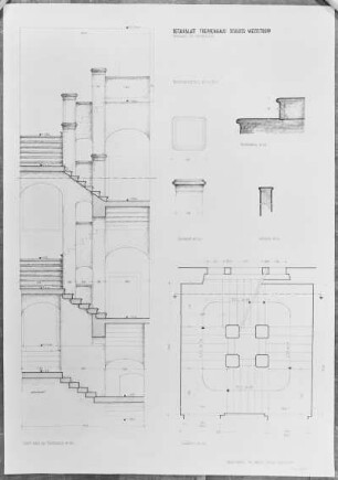Weistropp, Schloss: Grundriss, Schnitt und Details des Treppenhauses im Südflügel : Weistropp, Schloss, Bauaufnahme, 1961