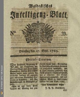No. 39, Dienstag den 27. Sept. 1785