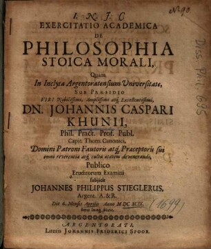 Exercitatio Academica De Philosophia Stoica Morali