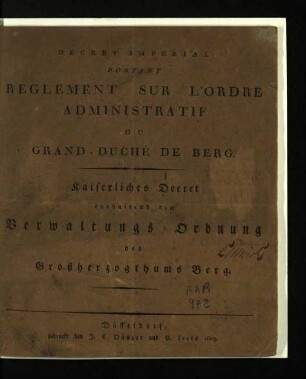 Décret Impérial Portant Réglement Sur L'Ordre Administratif Du Grand-Duché De Berg