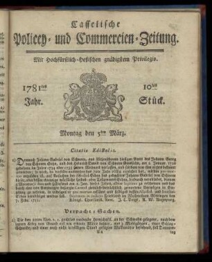 1781tes Jahr. 10tes Stück. Montag den 5ten März