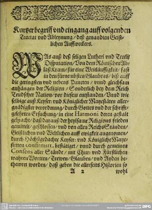 Kurtzer begriff und eingang auff volgenden Tractat und Ableynung, deß genandten geistlichen Auffweckers