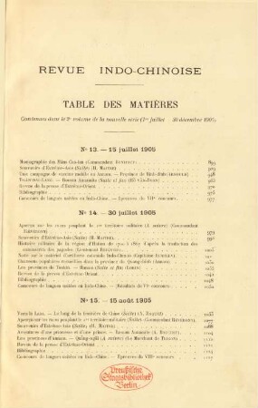 Table des matières contenues dans le 2e volume de la nouvelle série (1er juillet - 30 décembre 1905)