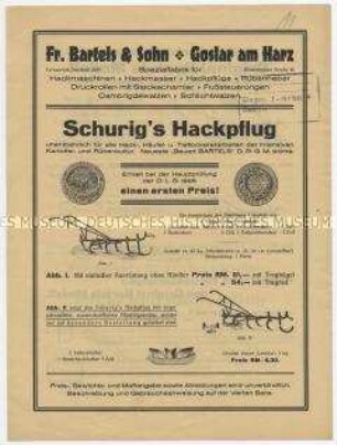 Schurig's Hackpflug unentbehrlich für alle Hack-, Häufel- und Tieflockererarbeiten der intensiven Kartoffel- und Rübenkultur.