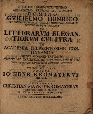 De litterarum elegantiorum cultura in academia diligentissime continuanda
