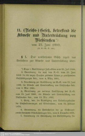 11. (Reichs-) Gesetz, betreffend die Abwehr und Unterdrückung von Viehseuchen : vom 23. Juni 1880