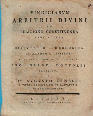 Vindiciae Arbitrii Divini In Religione Constitvenda. 2 : A. D. XXI. Octobr. A. C. MDCCLVI