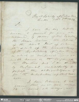 Eigenh. Brief von Richard Cattermole an August Wilhelm von Schlegel, London, 08.10.1834