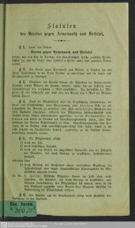 Statuten des Vereins gegen Armennoth und Bettelei