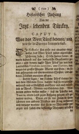 Historischer Anhang. Von der Jetzt-lebenden Türckey. /Caput I. - Caput XXX.
