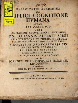 Exercitatio Academica De Triplici Cognitione Hvmana