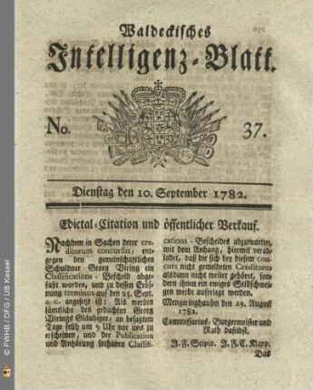 No. 37, Dienstag den 10. September 1782