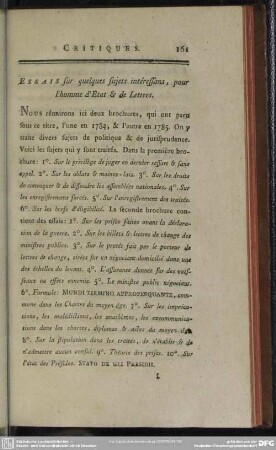 Essais sur quelques sujets intéressans, pour l'homme d'Etat & de Lettres