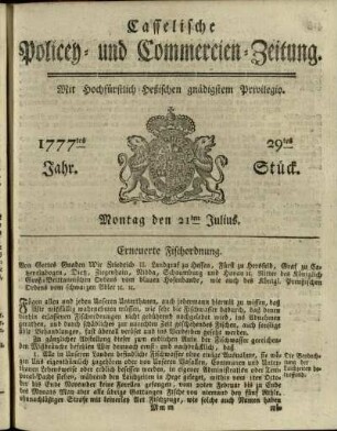 29tes Stueck, Montag den 21ten Julius 1777