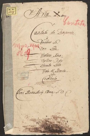 5 Arias - BSB Mus.ms. 5019 : [dust cover title:] Aria Xma // Cantata de Tempore // a // Vocibus 6. // Voce Sola. // Violino 1mo // Violino 2do // Flauto Solo // Viola di Braccia // Con // Cembalo