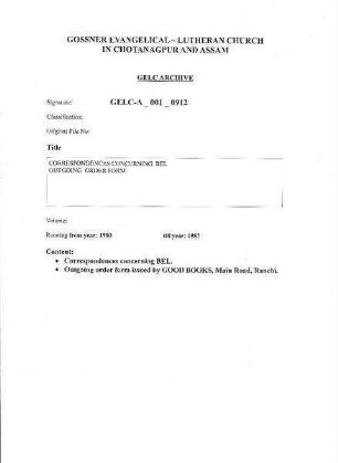 CORRESPONDENCES CONCERNING BEL, OUTGOING ORDER FORM