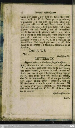 Lettera IX. Signor mio, e Padron singolarissimo