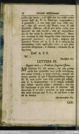Lettera IX. Signor mio, e Padron singolarissimo