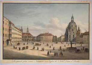 Der Neumarkt in Dresden nach Nordwesten mit dem Johanneum (Stallgebäude, Gemäldegalerie), der Frauenkirche und dem Friedens- oder Türkenbrunnen