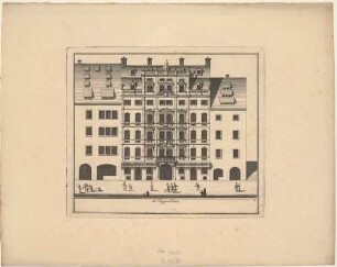 Das Barockpalais Jägger Haus am Markt in Leipzig, Straßenfassade mit Staffage, Blatt 6 aus einer Reihe Leipziger Wohnhäuser und Palais’