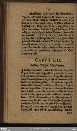 Caput XII. S[t]atua, Coloßi, Murforium