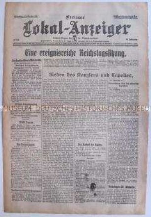 Titelblatt des "Berliner Lokal-Anzeiger" zur Reichstagssitzung über die Kriegslage