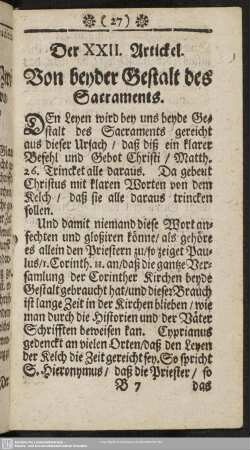 Der XXII. Artickel. Von beyder Gestalt des Sacraments
