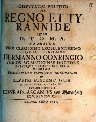 Dispvtatio Politica De Regno Et Tyrannide