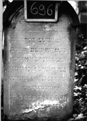 Grabstein 696 (Index: 99802098) Material: Sandstein Zustand: Inschr. verwitt/Textverl/unten abgebroch Maße HxBxT: 125x58x13 cm Beschreibung: Stele mit verdachtem Rundbogen Symbolik: Schofar: Grabstein 696 (Nachholaufnahme)