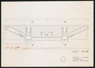Mensa und Hochschulbibliothek, Karlsruhe Erweiterung: Tribünengebäude ehemaliges Hochschulstadion, 2. Obergeschoss, Grundriss, 1:200