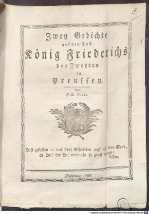 Zwey Gedichte auf den Tod König Friederichs des Zweyten in Preussen