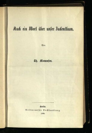 Auch ein Wort über unser Judenthum