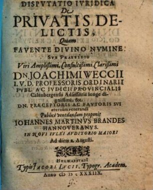 Disp. jur. de privatis delictis : def. Joh. Mart. Brandes
