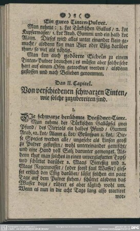 Das II. Capitel. Von verschiedenen schwarzen Tinten, wie solche zuzubereiten sind
