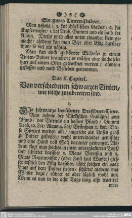 Das II. Capitel. Von verschiedenen schwarzen Tinten, wie solche zuzubereiten sind
