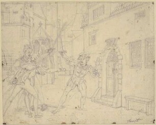 Zu Goethes "Faust": Blatt 19 (22): Zweikampf (Faust ersticht Valentin mit Mephistos Hilfe vor Gretchens Haus)