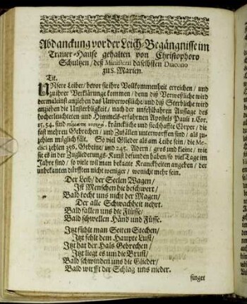 Abdanckung vor der Leich-Begängnisse im Trauer-Hause gehalten von Christophoro Schultzen/ deß Ministerii daselbsten Diacono zu S. Marien.